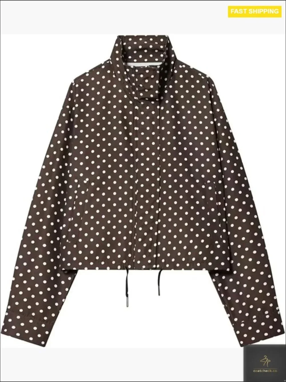 Polka Dot Cropped Bomber Jacket Zip Up Stand Collar Casual Lightweight